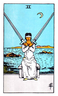 Two of Swords tarot card — blindfolded woman sits at the water’s edge holding two crossed swords under a crescent moon, Rider–Waite depiction.