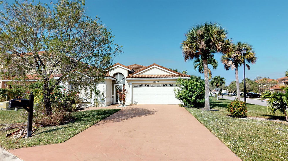 Single-story white house with a driveway and palm trees