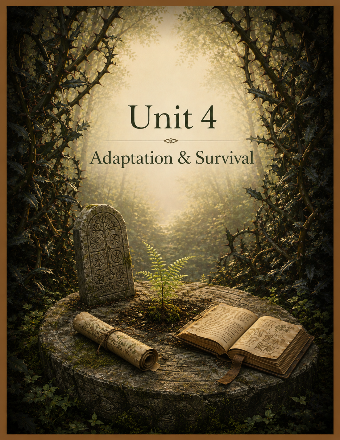 Unit 4 Adaptation & Survival title with plant, book, scroll