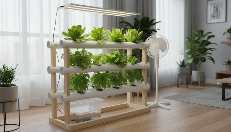 Eye-level view of lettuce and herbs growing on an indoor hydroponic shelf