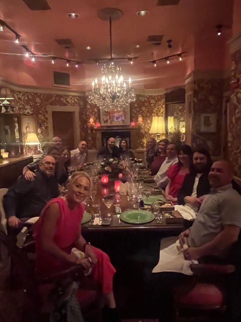 Large group dinner party at a restaurant