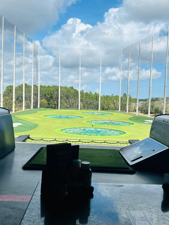 Golf simulator bay with tablets and putting green