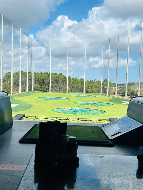 Golf simulator bay with tablets and putting green