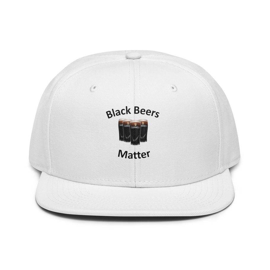 White baseball cap embroidered 'Black Beers Matter' and dark beer