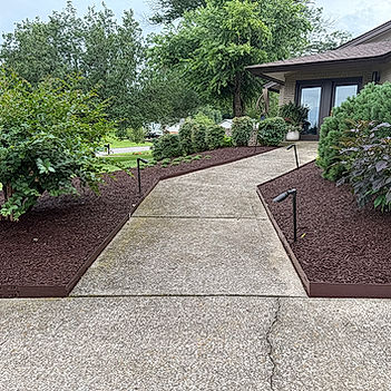 Concrete walkway leading to a house surrounded by trees and decorative landscaping.