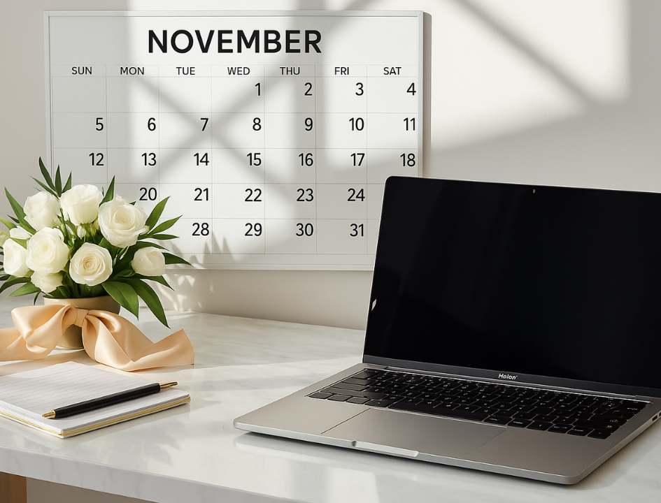 Laptop and notepad on marble desk with flowers and ribbon. Blog title: "Avoid Wedding Planning Disasters." URL: sealedwithakiss.com.