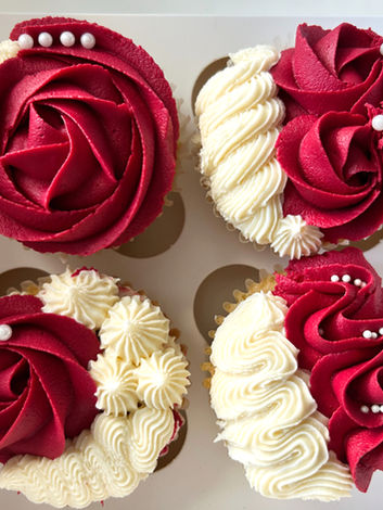 6 box of cupcakes featuring assorted designs in red and white, finished with edible  white pearls for valentines