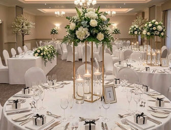 Dressed wedding dining room with white boxed favour with black ribbon