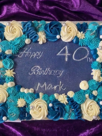 Blue, White Sheet Cake hand piped roses and swirls, edible sprinkles