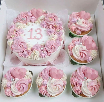 Pink and White Buttercream Bento Box, Cupcakes, 5" cake, Chocolate hearts, Buttercream rose swirls