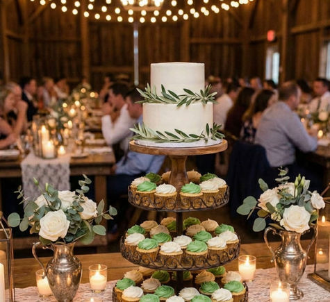 2 tier buttercream wedding cake with simple green foliage set above cupcake tier of green and white buttercream detail