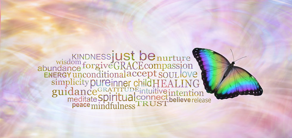 Colorful butterfly with words defining spiritual growth: Kindness, Grace, Healing