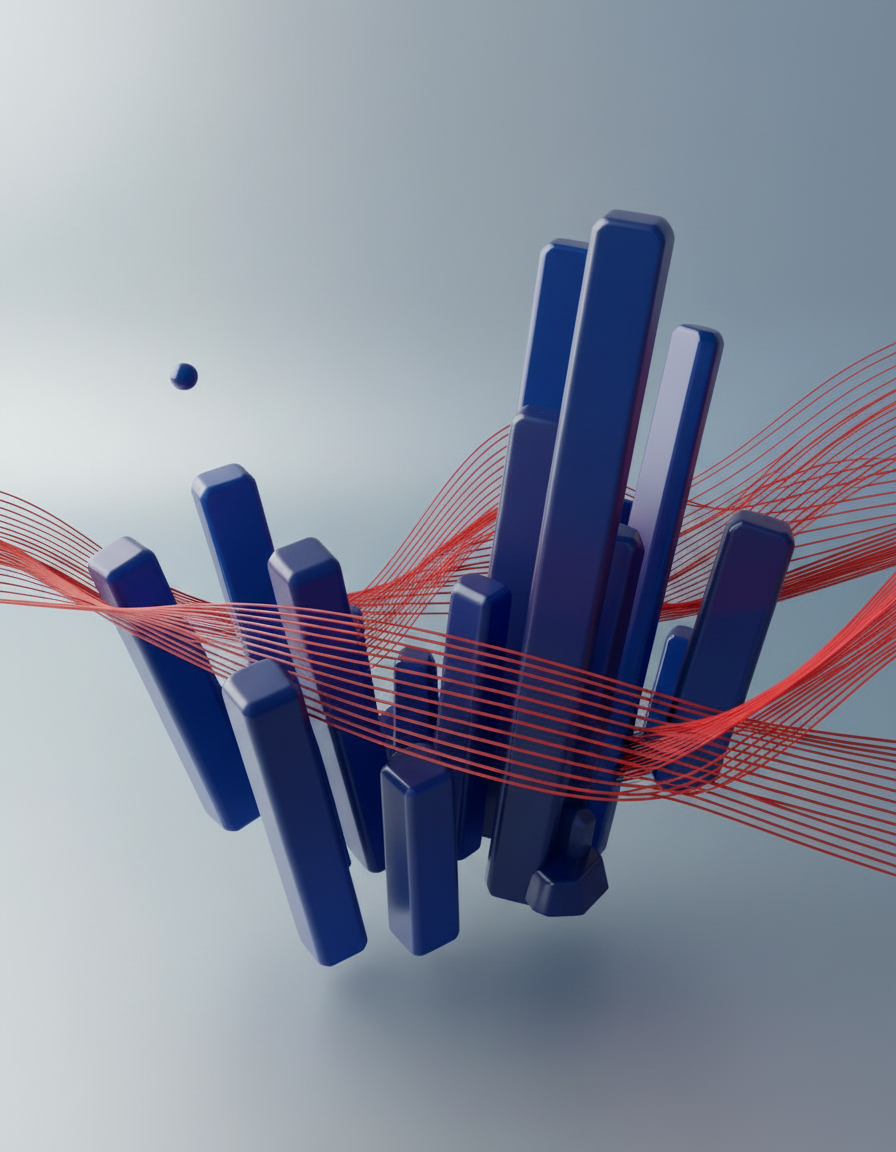 Sophisticated trading logic visual with crimson nodes and silver architectural data flows