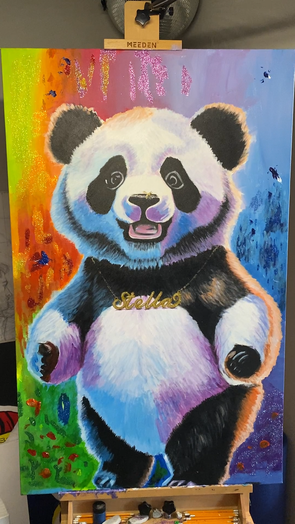 Panda acrylic painting rainbow glitter