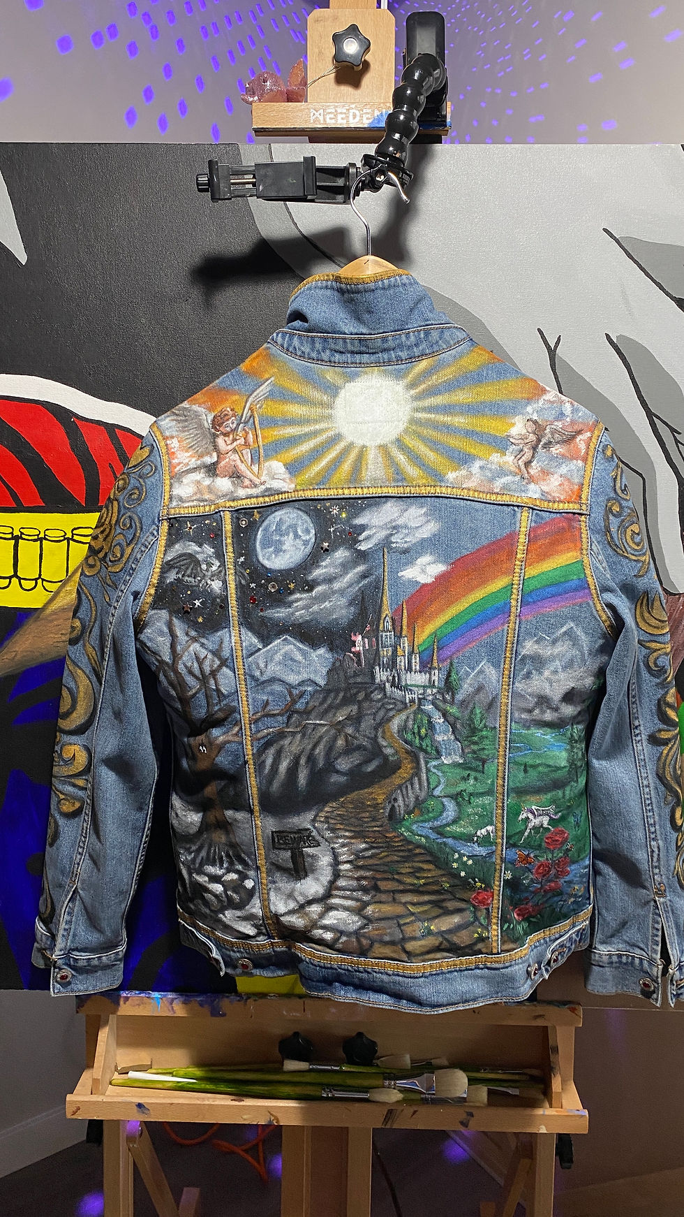 Custom denim jacket hand painted fairytale art couture
