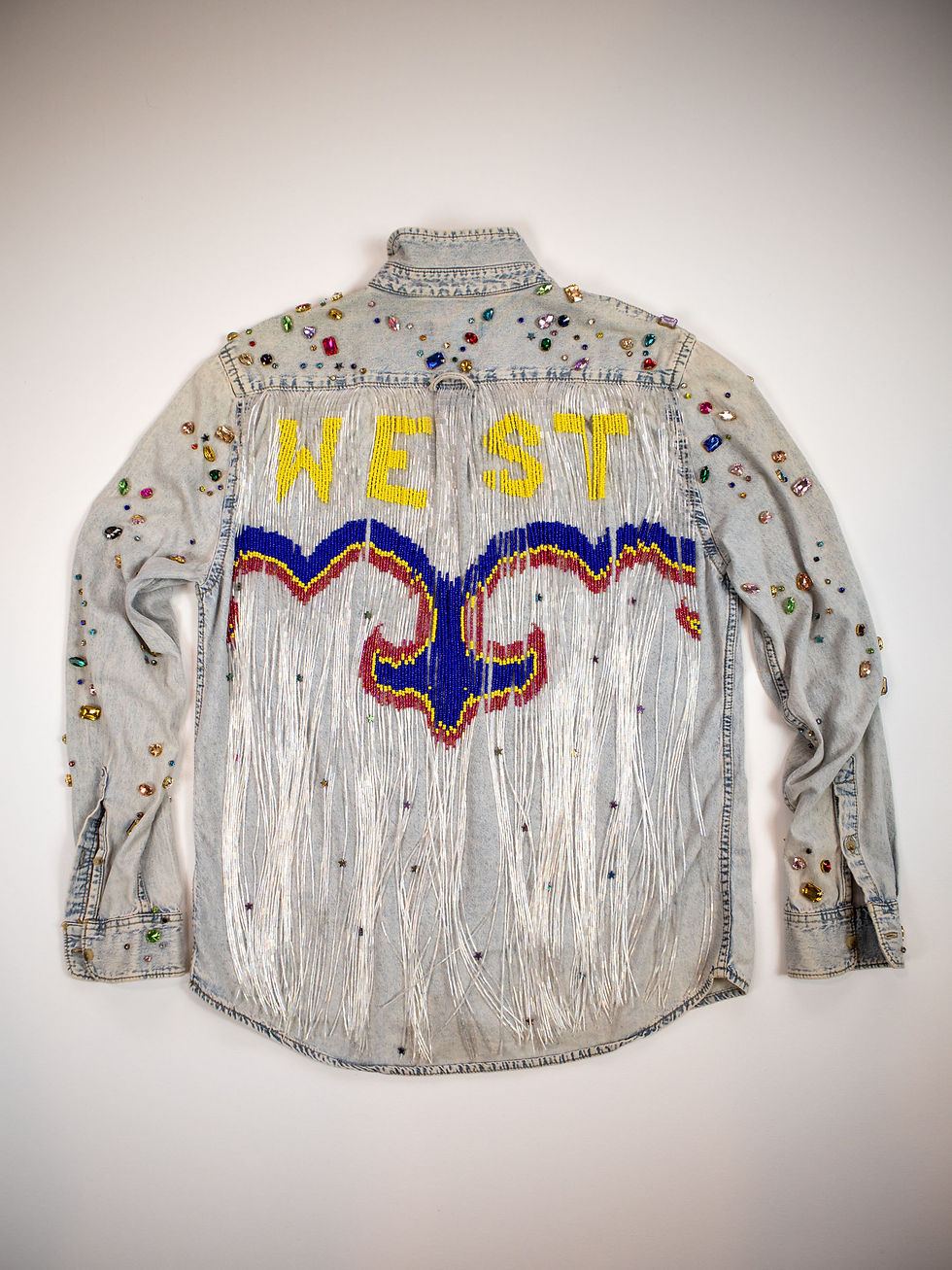 graphic statement western cowboy fringe denim shirt glass crystals beaded fashion couture clothing west