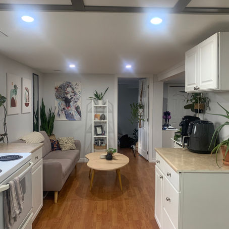 image of an organized, decluttered, kitchen. and living room. There are plants, art on. walls, book shelf sofa and coffee table 