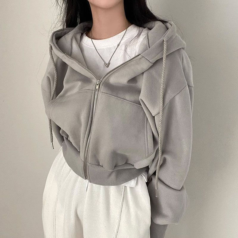 Thumbnail: Korean Hood Shirt Women Fashion Fleece Lined Loose Hoodies Zipper Long Sleeve Cr