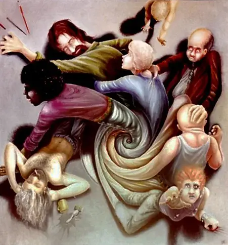 Down The Drain, Welcome To The 2st Century depicts our world descending into mindless chaos dominated by useless social media and mindless entertainment as a distraction of what's really happening in our society, by Karsten Stier, oil on canvas.