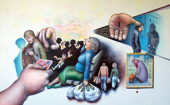 A chaotic, multi-layered look at consumer shopping. A Realistic Oil Painting by Peter Turner.