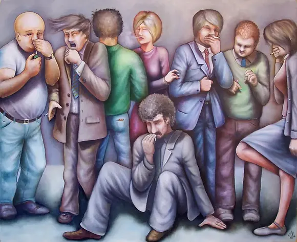 The Outsiders symbolizes how addictive social media has become the new form of cigarette addiction, by Karsten Stier, oil on canvas.
