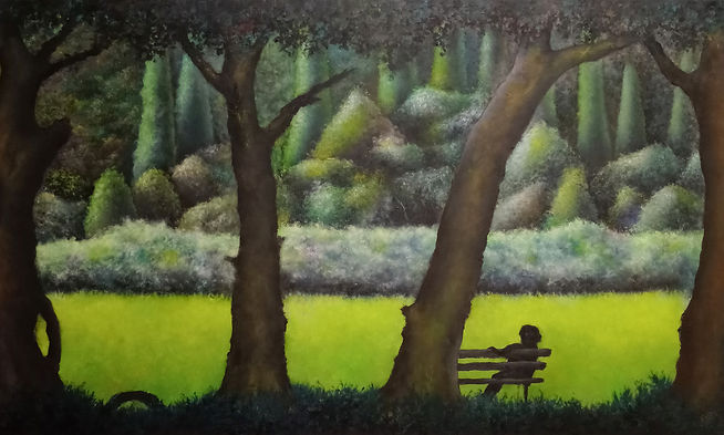 Park Bench is about that ubiquitous object we hardly notice until we need to sit down and take a rest before we move on, by Karsten Stier, oil on canvas.