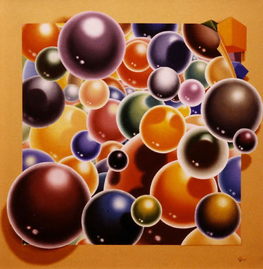 Surreal ball exploding out of the canvas. A realist painting by Peter Turner.