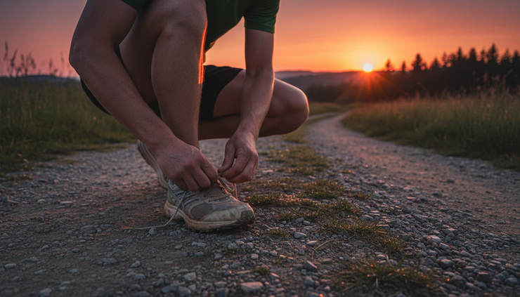 Eye-level view of a runner tying their shoes on a gravel path before sunrise