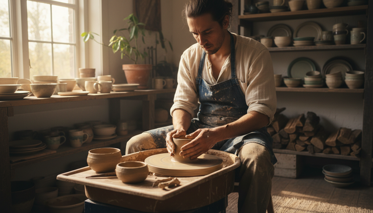 Medium shot of a ceramic artist shaping clay on a spinning wheel in a sunlit studio