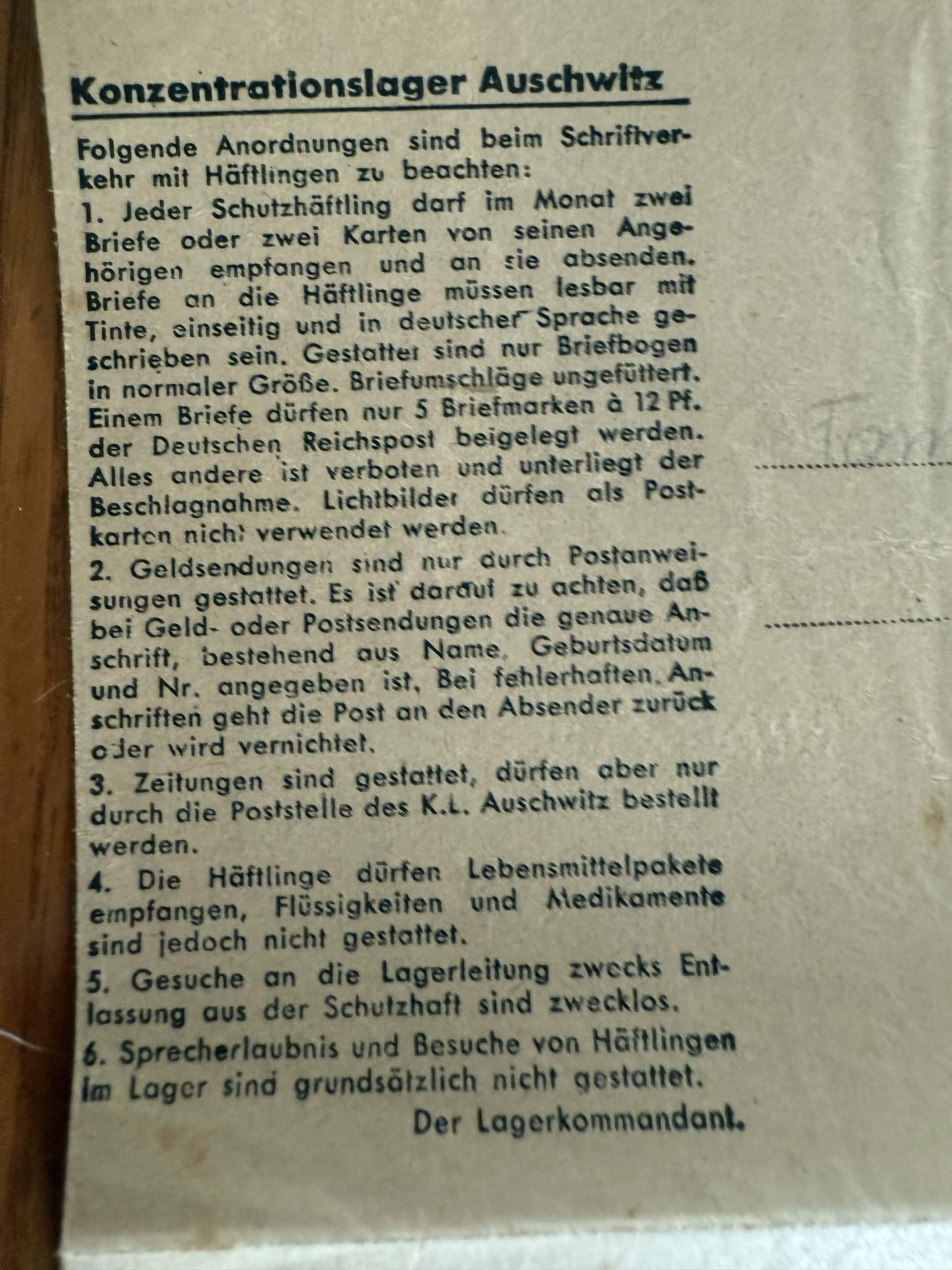 Lettre originale - camp de concentration d’Auschwitz - original letter prisonner