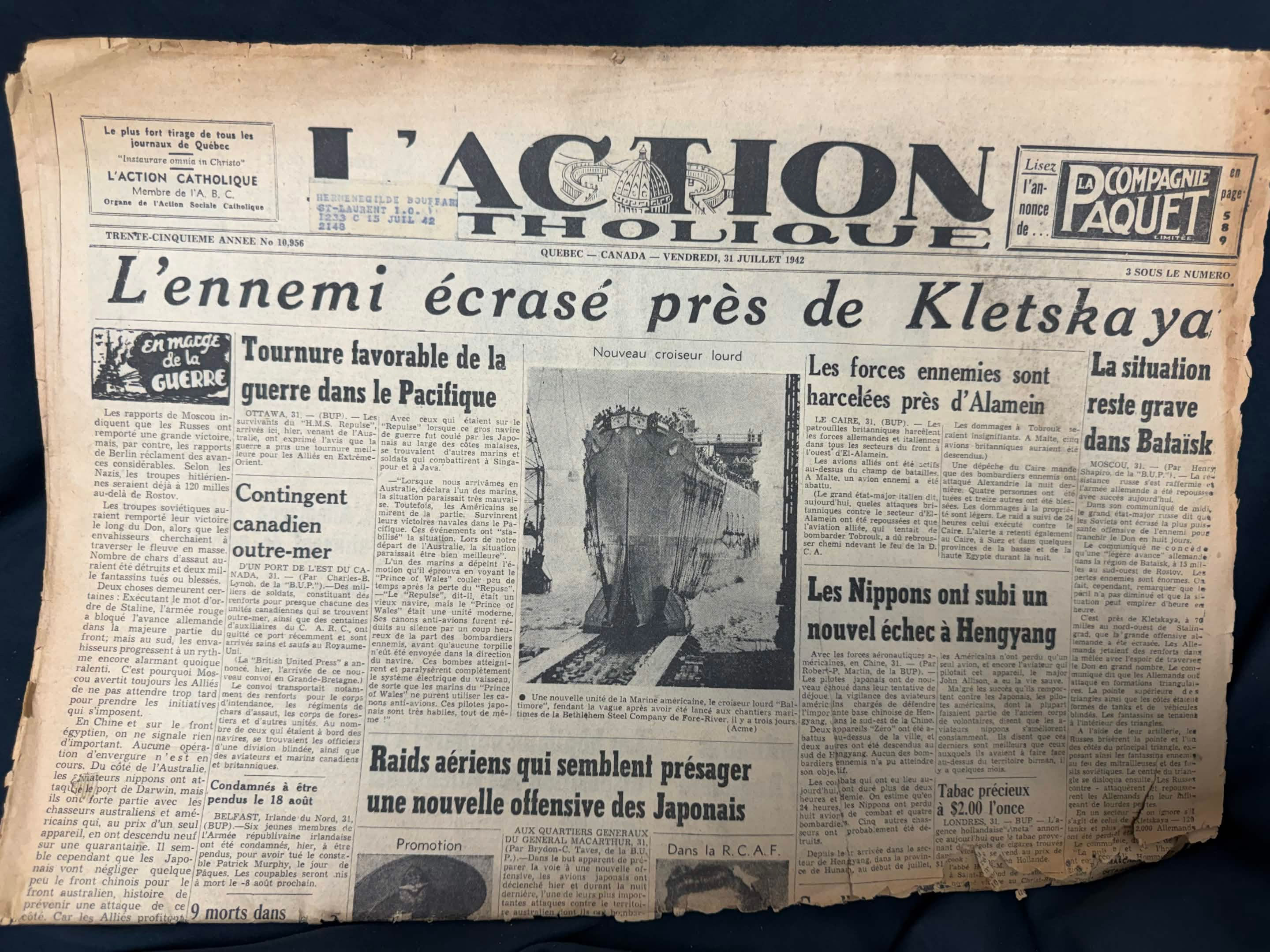Journal L’Action Catholique 31 juil. 1942 / Eastern Front WW2 Newspaper Quebec