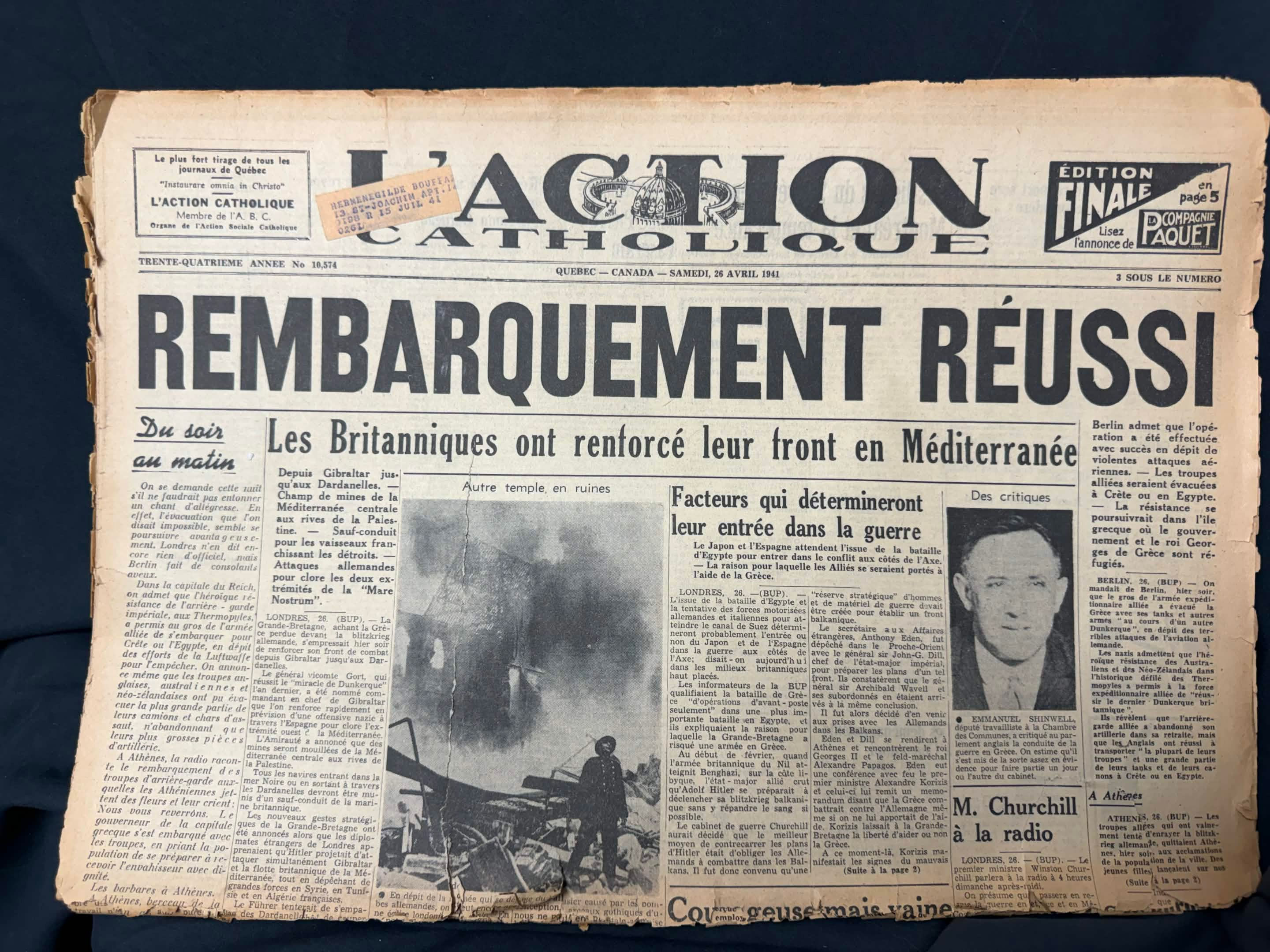 Journal L’Action Catholique 26 avril 1941 /British Re-embarkation Success Quebec