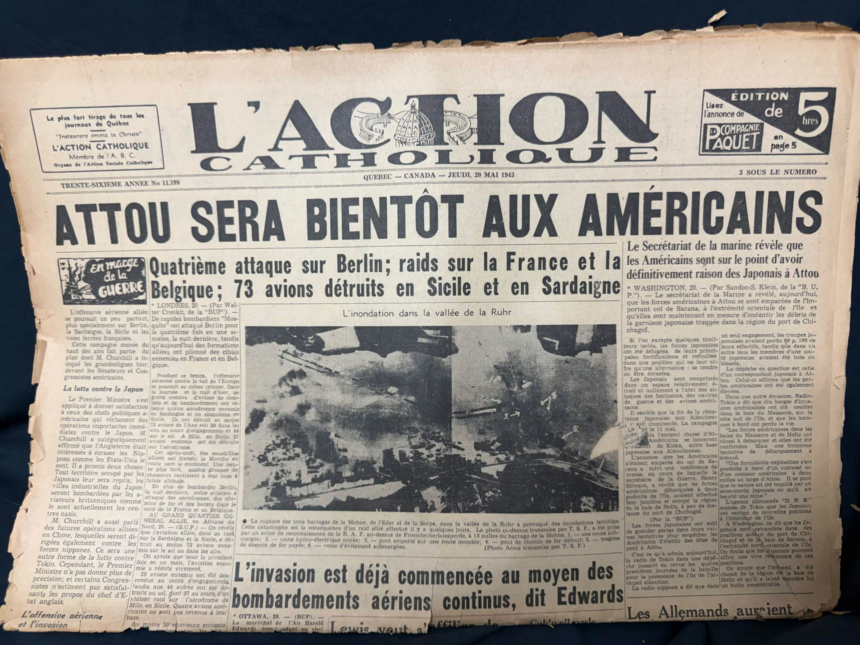 Journal L’Action Catholique 20 mai 1943 / Attu Campaign WW2 Newspaper Quebec