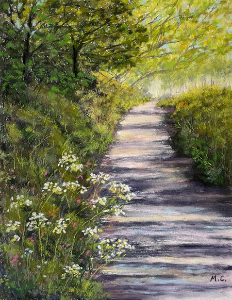 soft pastel paining of a path in the countryside with hemlock flowers