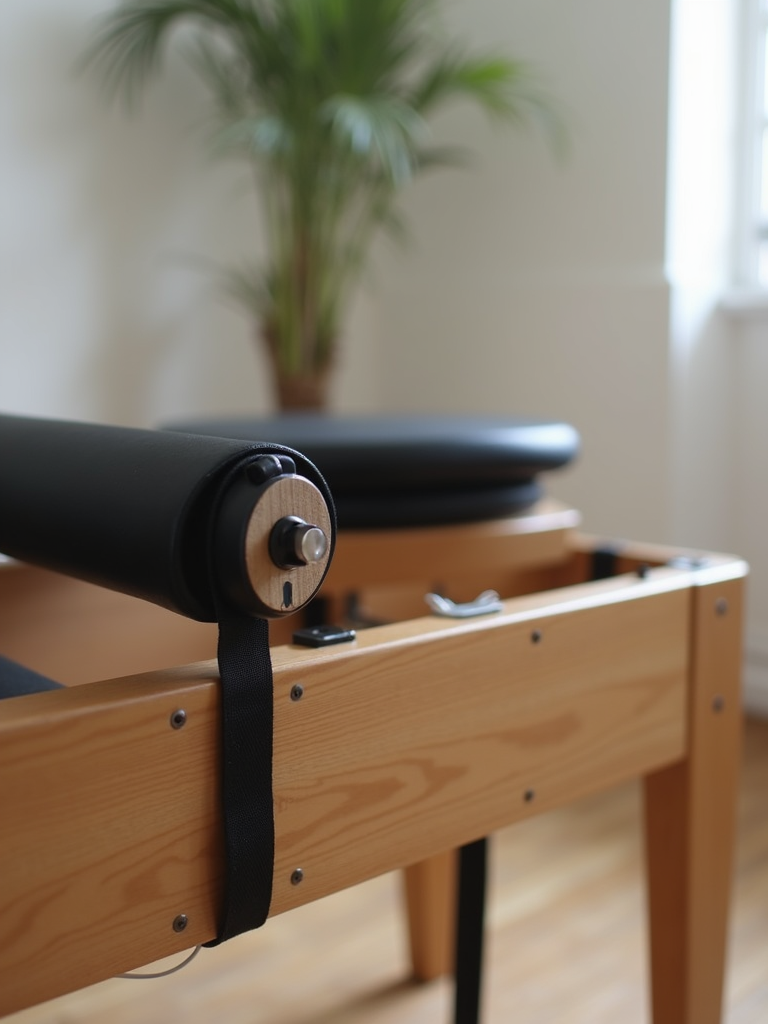 A detailed view of the springs and wooden framework of a professional pilates reformer.
