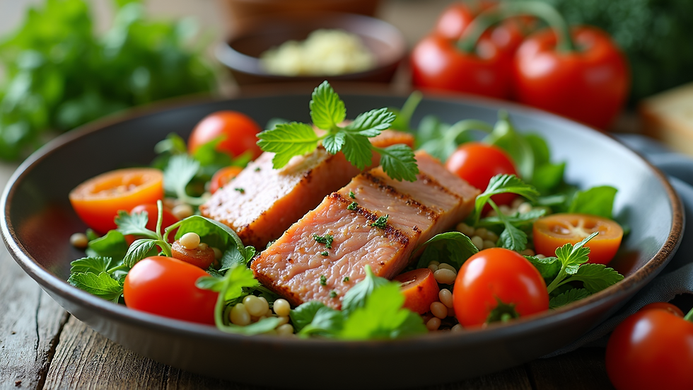 High angle view of a healthy meal showing a variety of vegetables and lean proteins