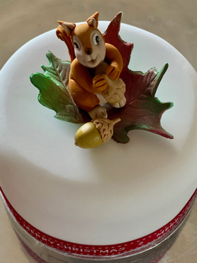 Christmas Holiday Cake Featuring a Squirrel holding an Acorn on a maple leaf By Chipping Campden based Cakes by Rebecca
