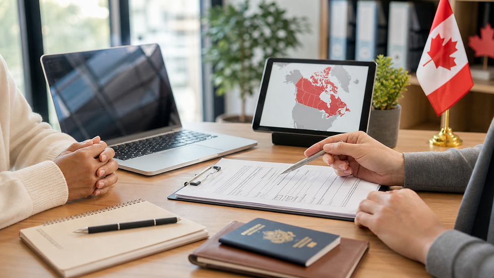 Immigration consultant reviewing Express Entry documents with an applicant in an Edmonton office