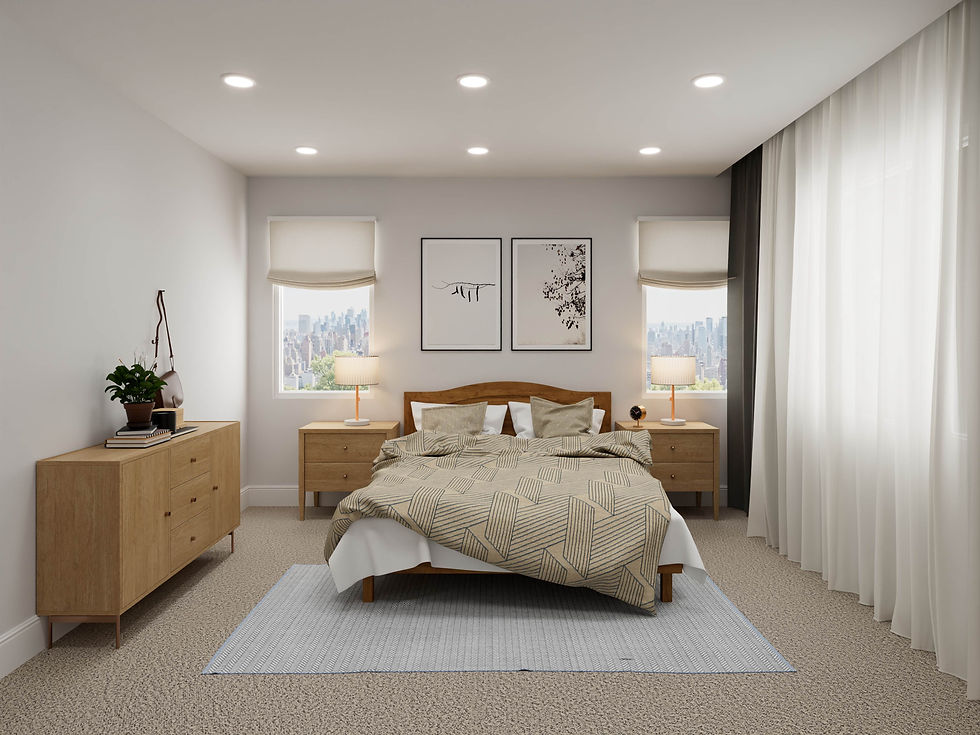 A modern 3D rendering of a bright bedroom with two framed pieces of art above the headboard, showcasing the light and airy interior design.