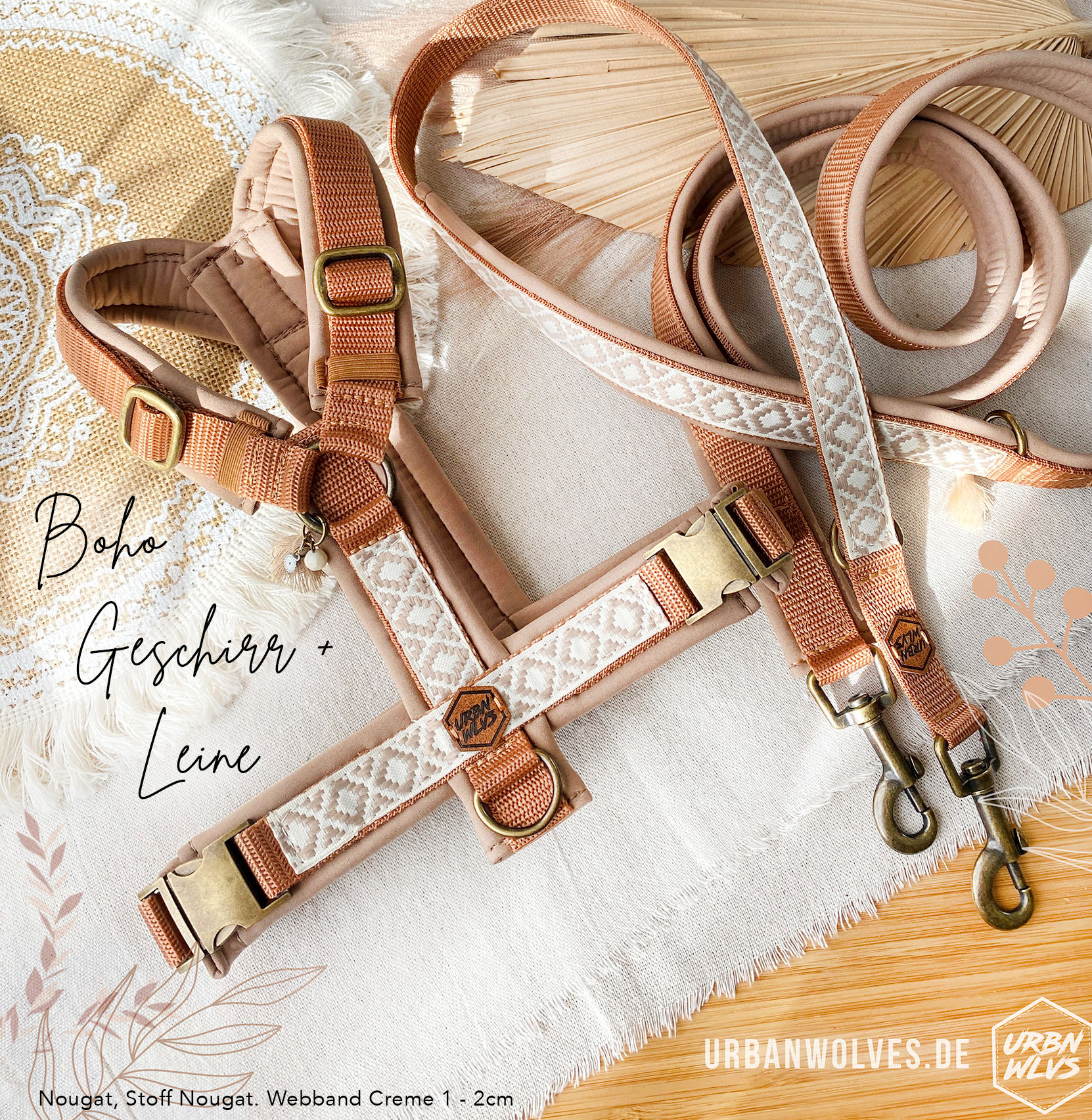 SET Boho Geschirr + Leine mit Webband