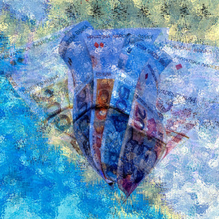 Abstrakte Malerei: Blaue und violette Farbtöne,FINANCIAL, Geldmotive, im Stil von Impressionismus