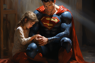 superman die zich omarmt onder een jong meisje