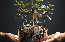 een pot geld met plantjes die eruit groeien