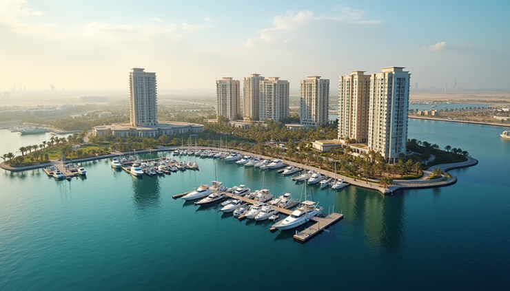 High angle view of Ras Al Khaimah waterfront development with residential towers