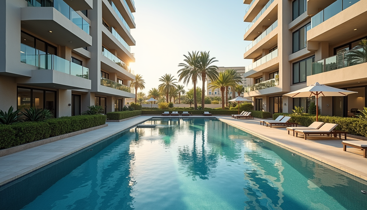 High angle view of a modern apartment complex in Ras Al Khaimah with surrounding amenities