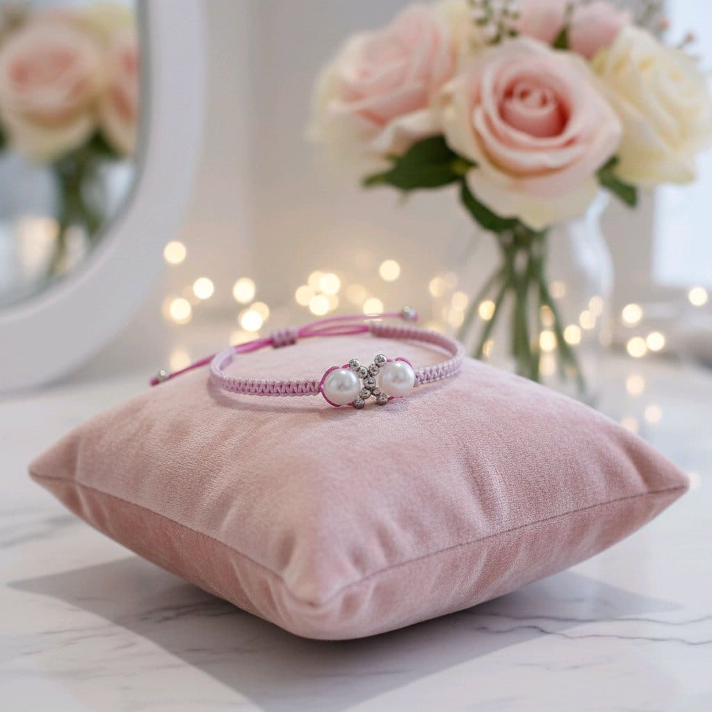 Handmade pale pink marcrame bracelet, including faux pearls, silver beads