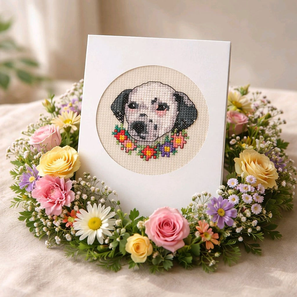 handcrafted greeting card of black and white terrier and flowers