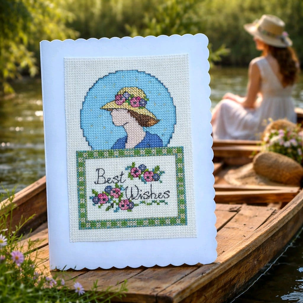 handcrafted greeting card of beautiful lady in straw hat