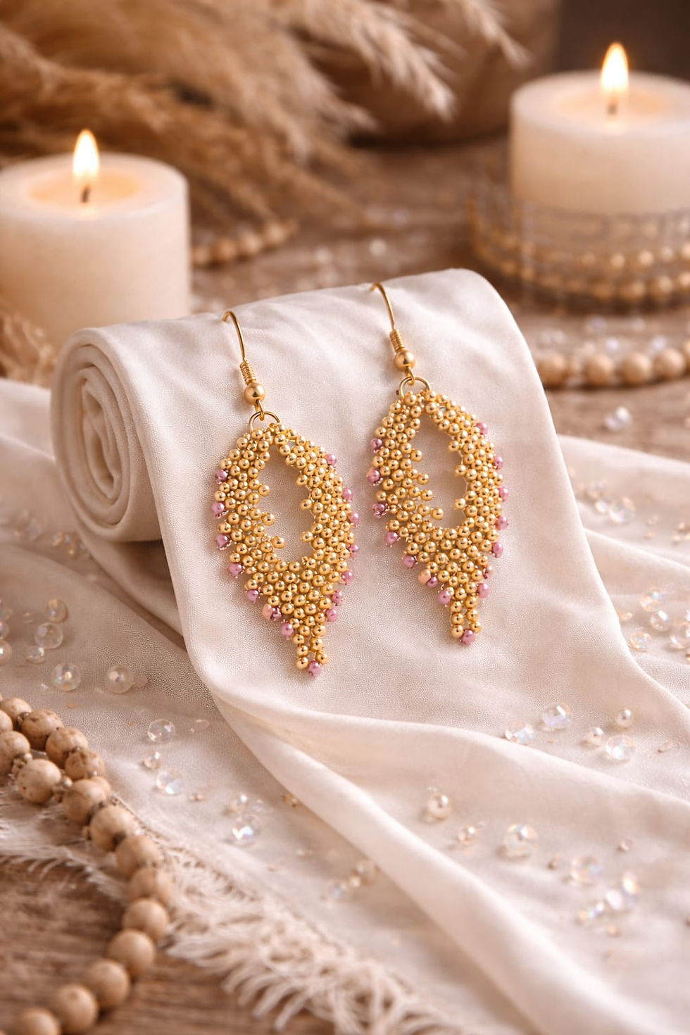 Thumbnail: Handmade gold and rose quartz beaded earrings