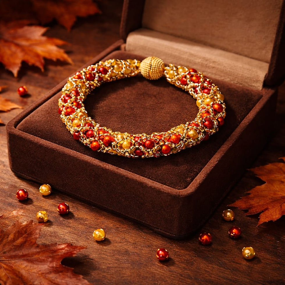 Thumbnail: Handmade red, dark gold, and orange beaded bracelet